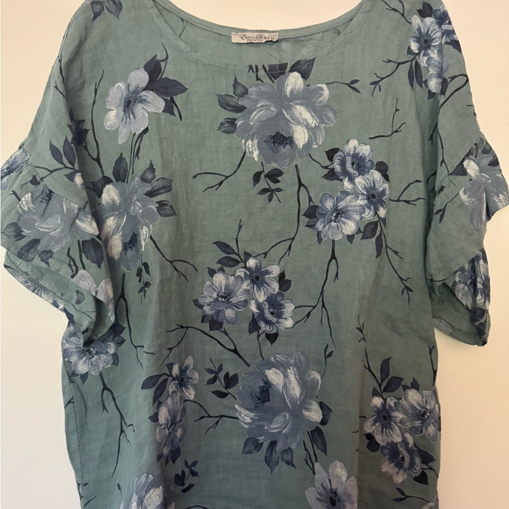 Floral Ruffle Sleeve Top in Sage by Elana Baldi 100% Italian Linen